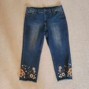 John Mark Floral Embroidered Wide Leg Blue Jeans Size 18W